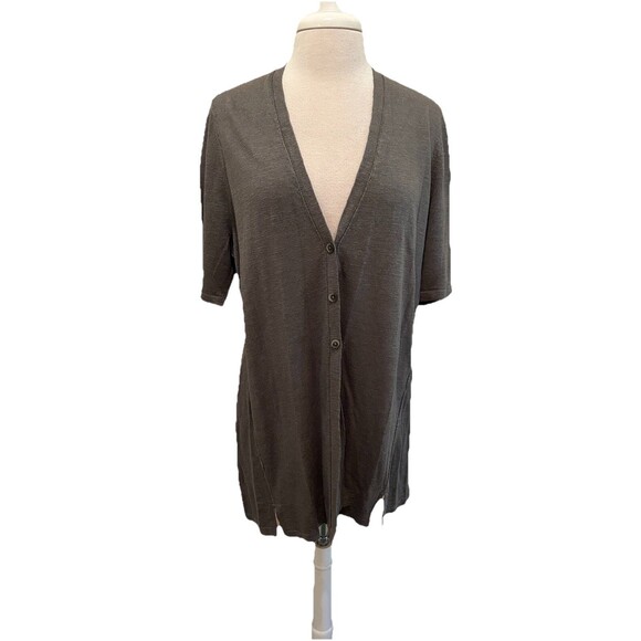 J.Jill Short Sleeve Caraway Green Linen Blend Cardigan Sweater L - Picture 1 of 6